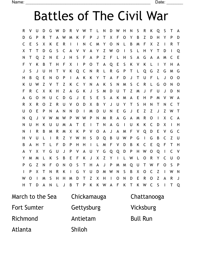 Battles Of The Civil War Word Search WordMint Battles Of The Civil War Word Search WordMint