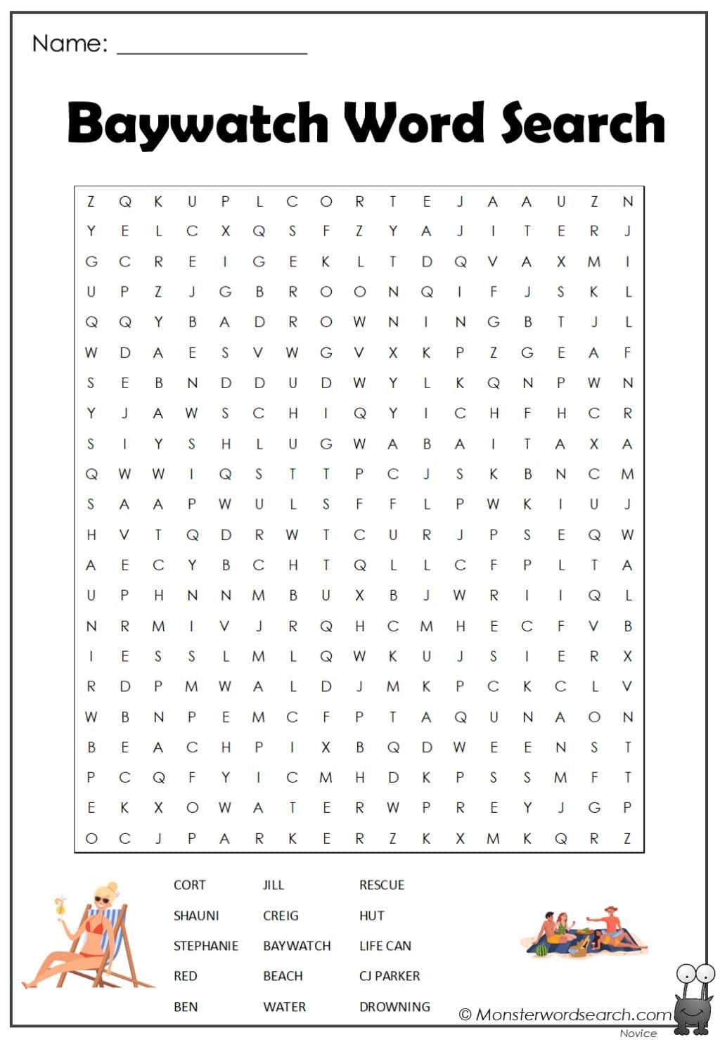 Baywatch Word Search Monster Word Search