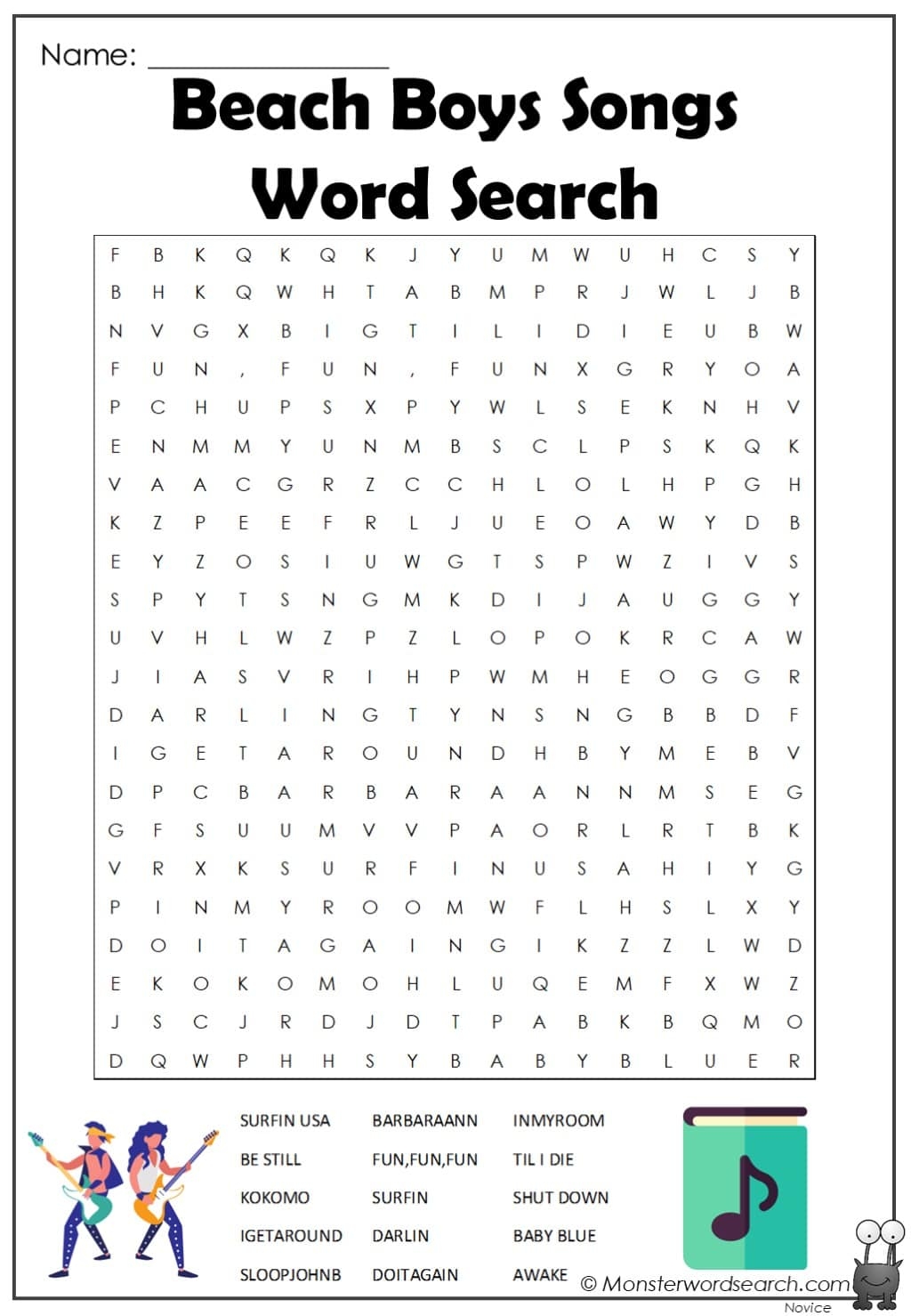 Beach Boys Songs Word Search Monster Word Search
