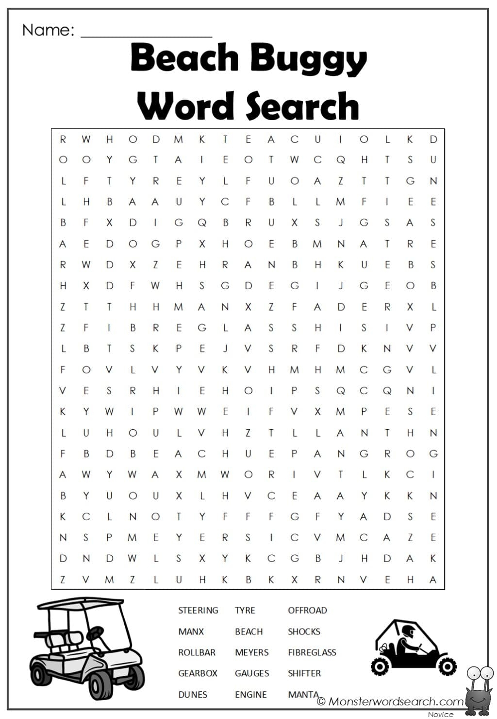 Beach Buggy Word Search Monster Word Search