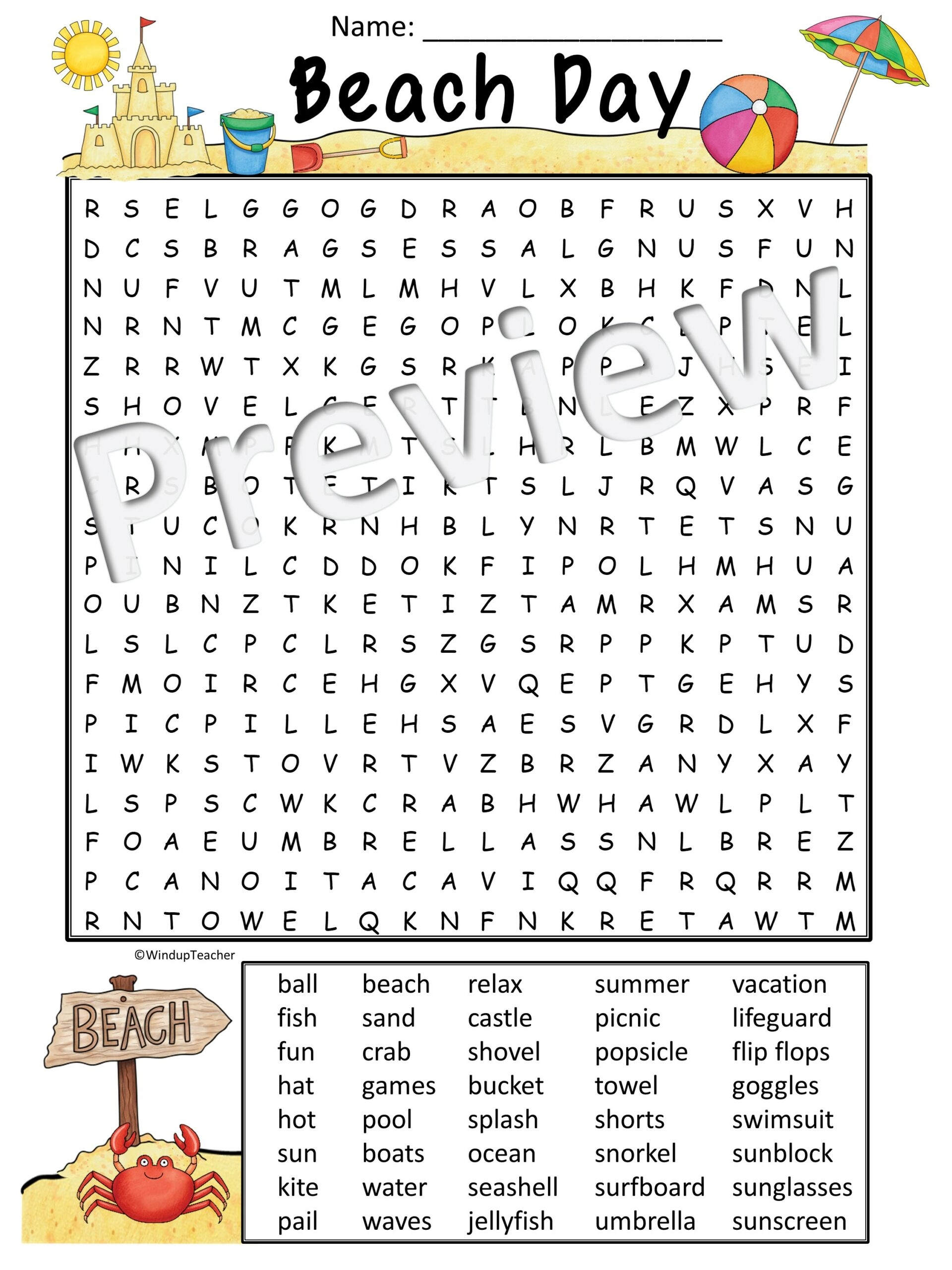 Beach Day Word Search Activity Printable Hard For Grades 5 To Adult Classful