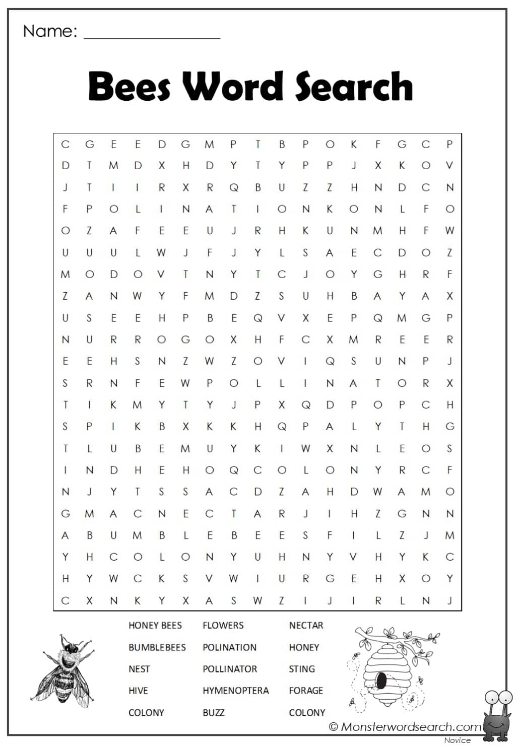 Bees Word Search Monster Word Search