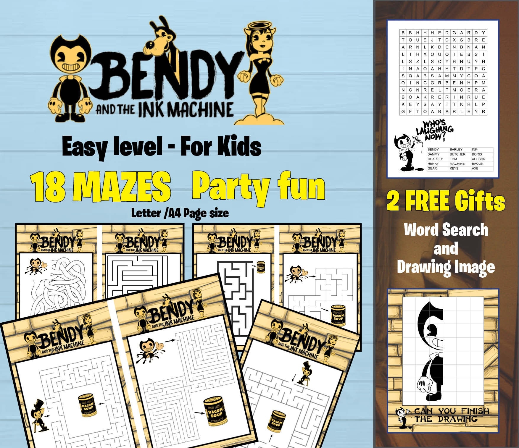 Bendy And The Ink Machine 18 Mazes Word Search And Drawing Image Challenge Etsy