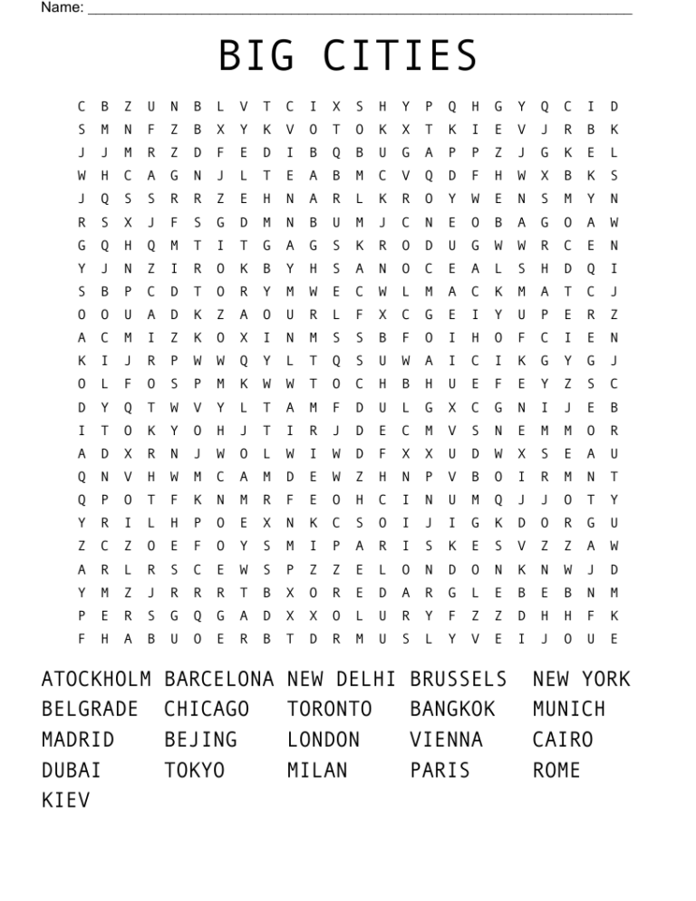 BIG CITIES Word Search WordMint