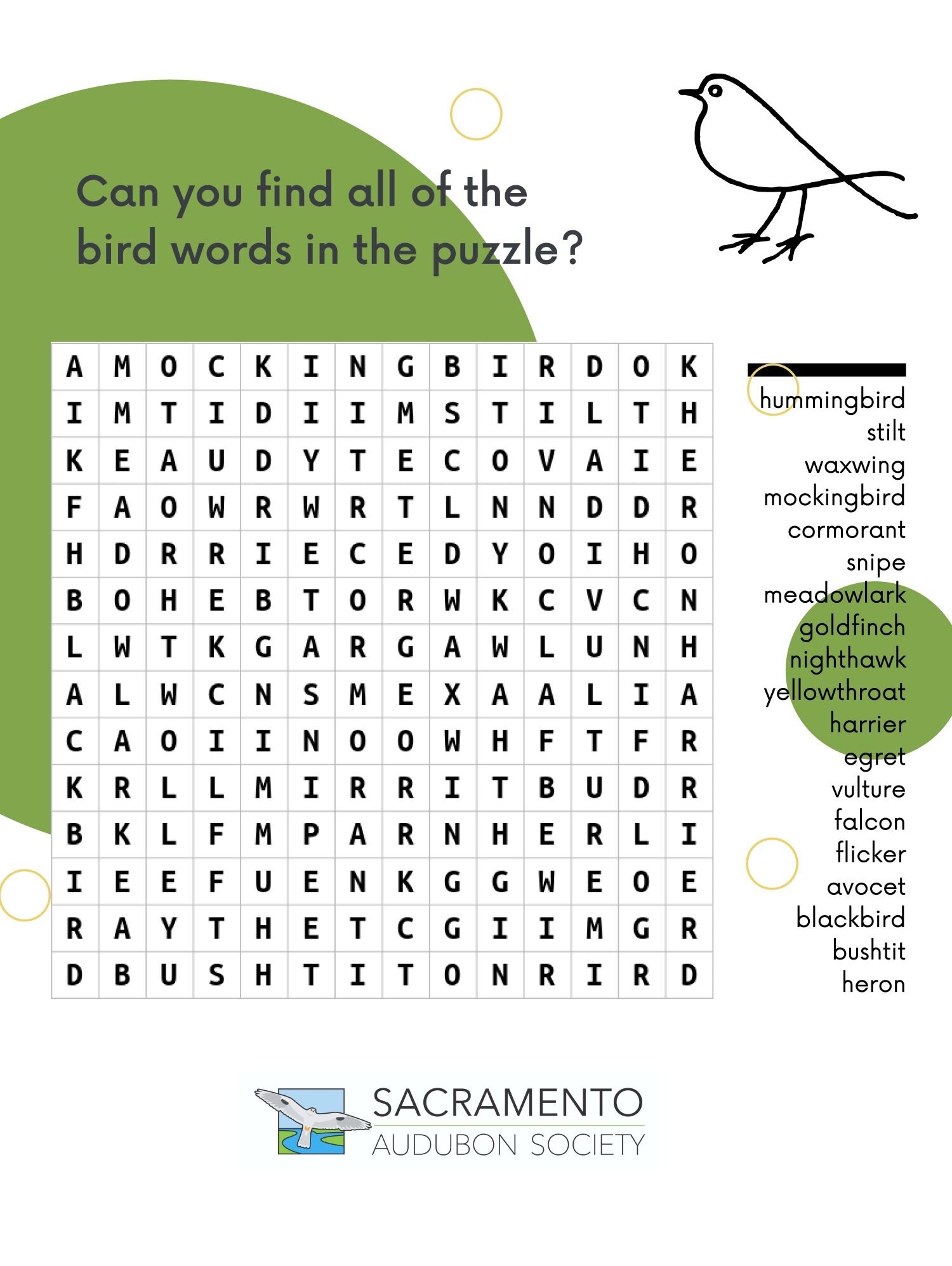 Bird Word Search Sacramento Audubon Society