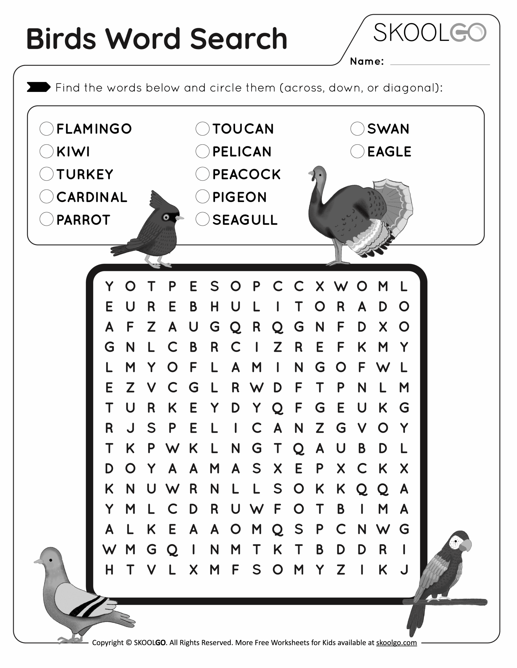 Birds Word Search Printable