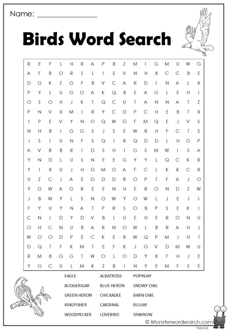 Birds Word Search Monster Word Search