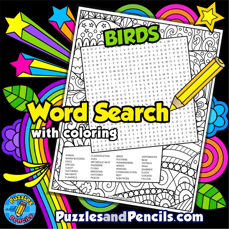 Birds Word Search Puzzle With Coloring Animal Classification 