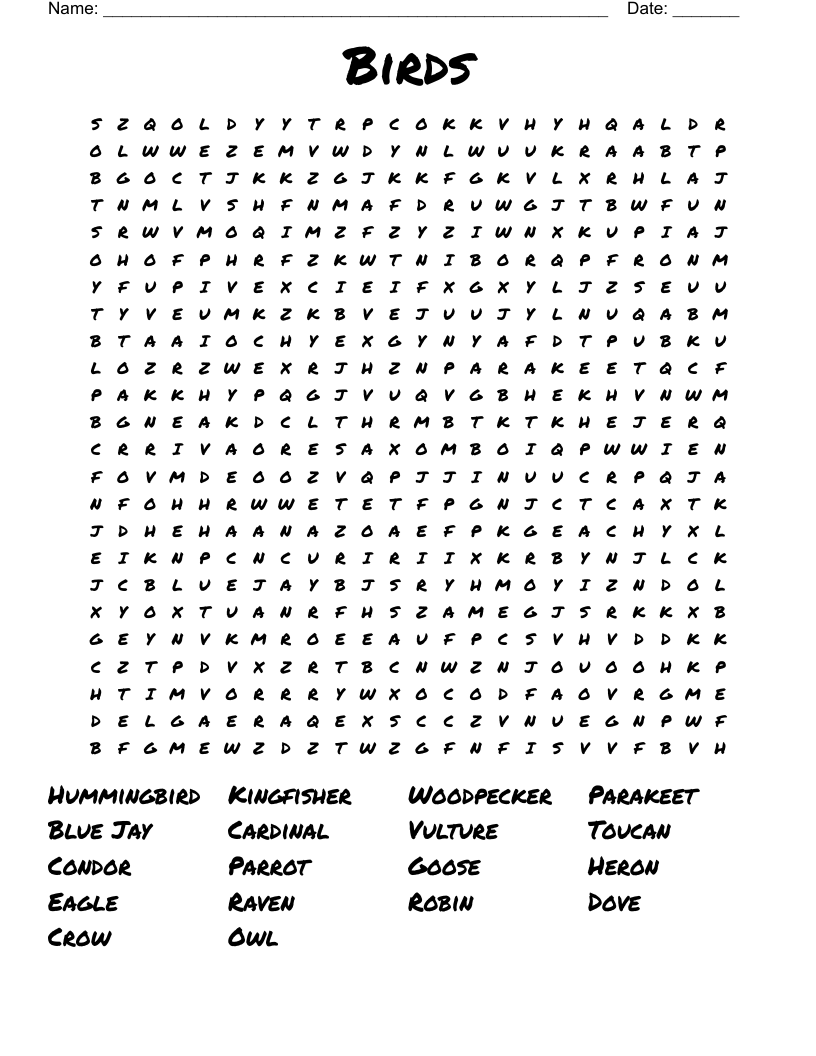 Birds Word Search WordMint