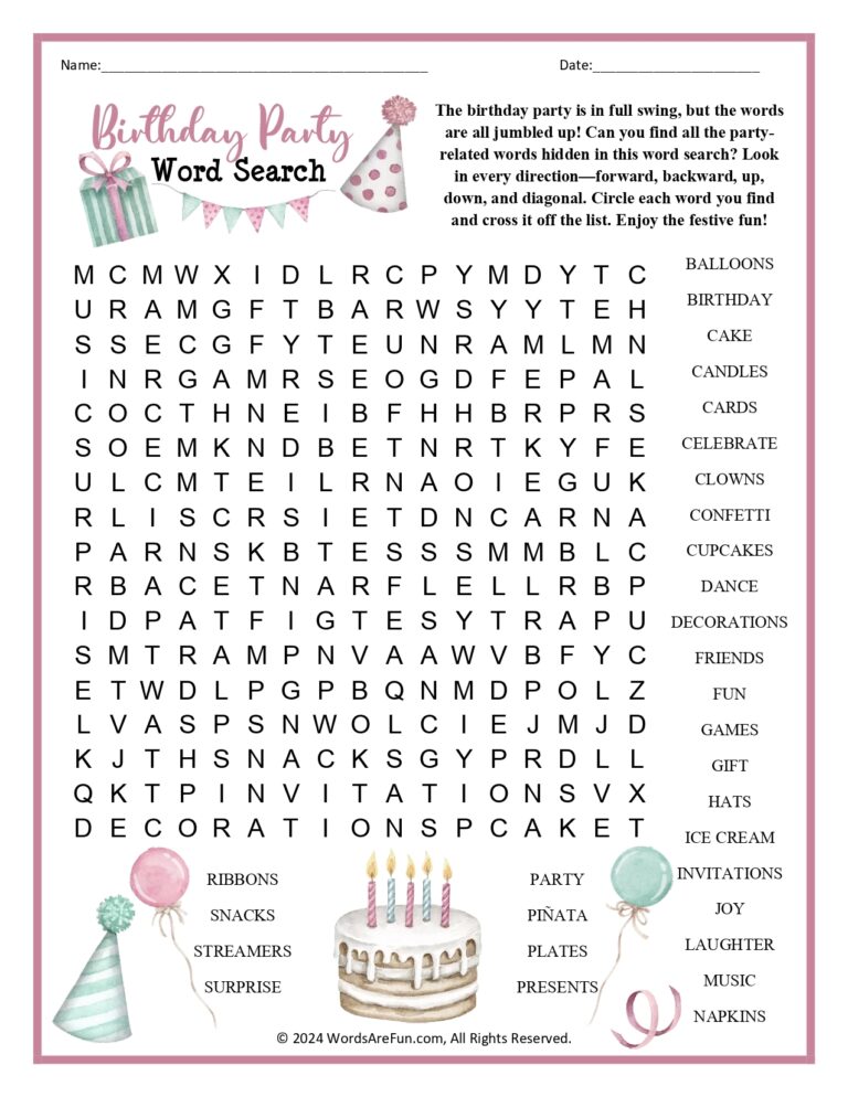 Birthday Party Word Search