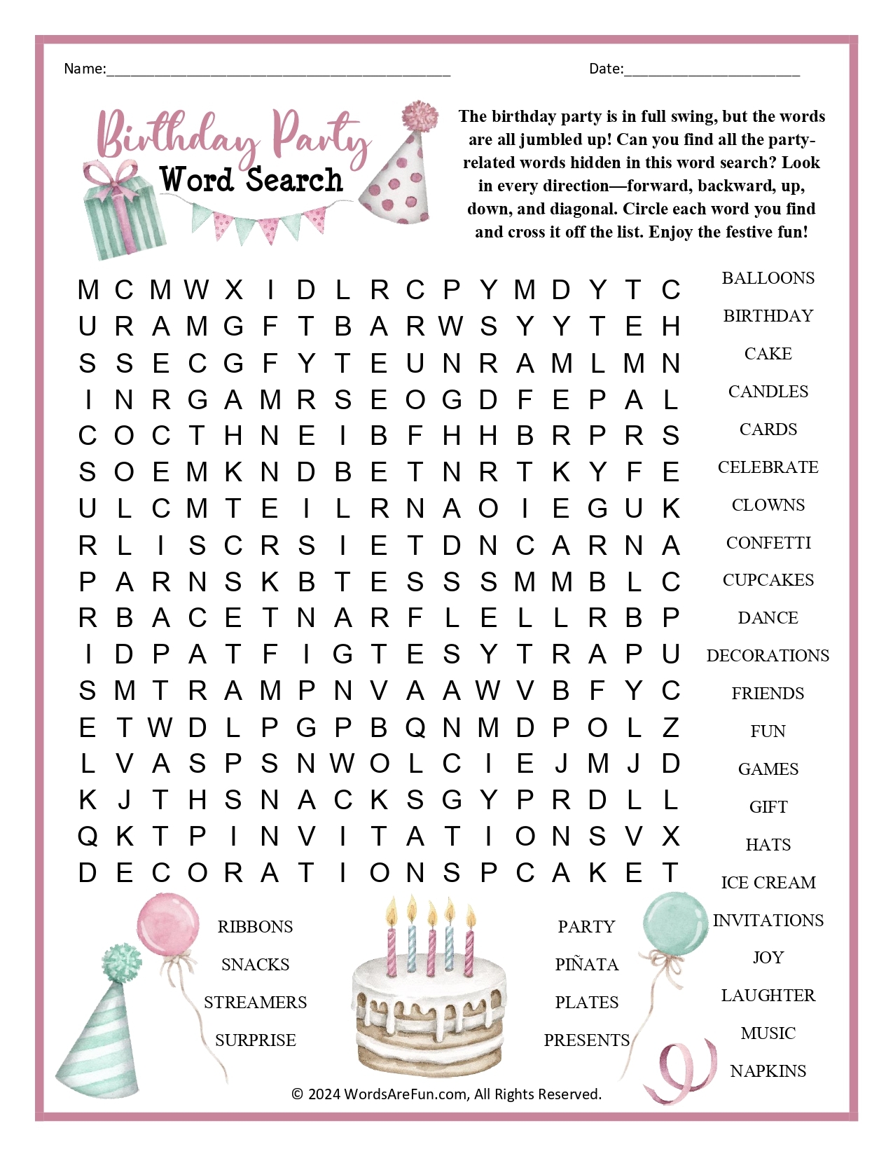Birthday Party Word Search