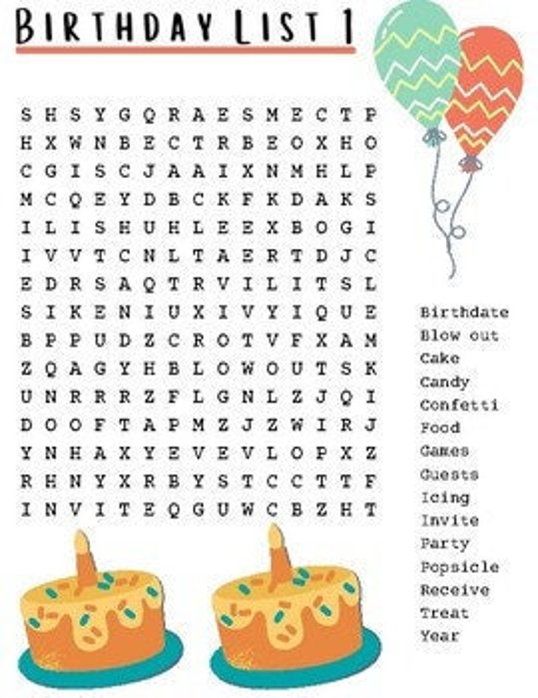 Birthday Word Search Birthday Activity Printable Activity Printable Game Birthday Party Game Class Activity Etsy