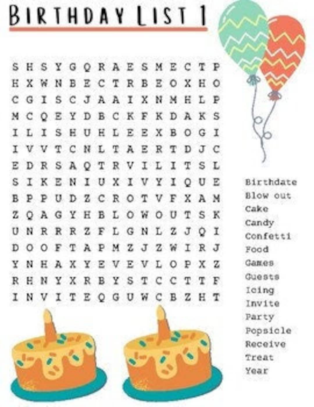 Birthday Word Search Birthday Activity Printable Activity Printable Game Birthday Party Game Class Activity Etsy