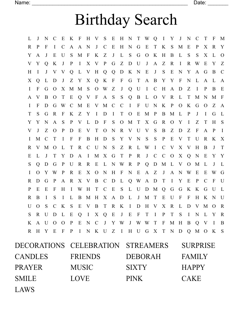 Birthday Word Search WordMint