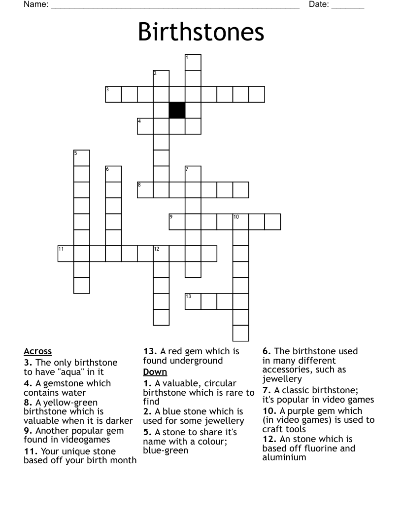 Birthstones Crossword WordMint