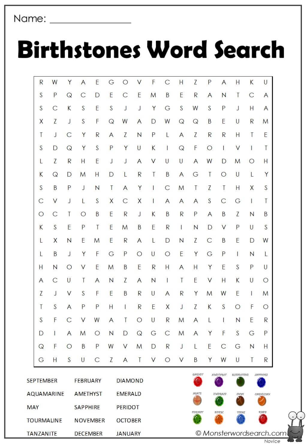 Birthstones Word Search Monster Word Search