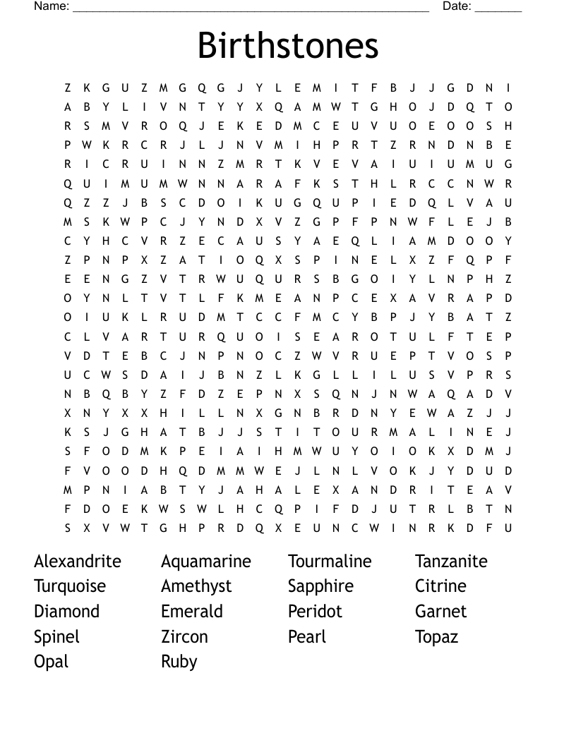 Birthstones Word Search WordMint
