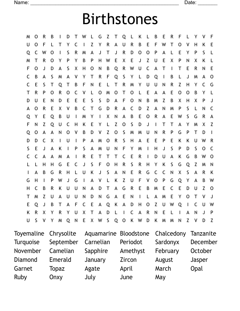 Birthstones Word Search WordMint