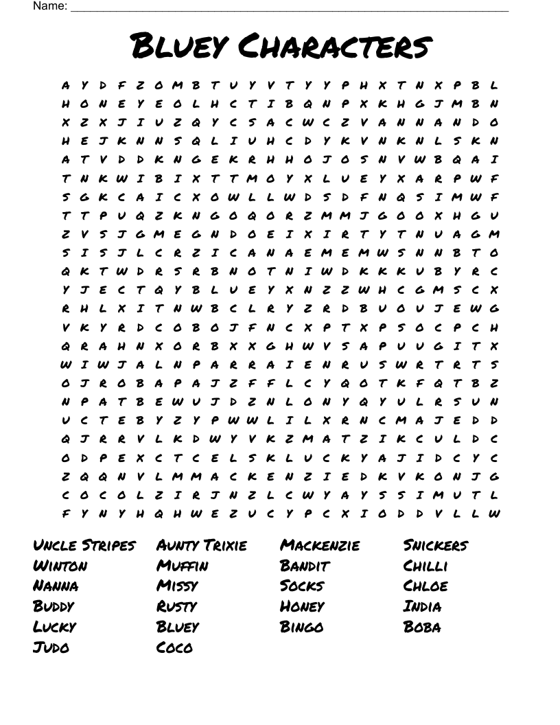 Bluey Characters Word Search WordMint