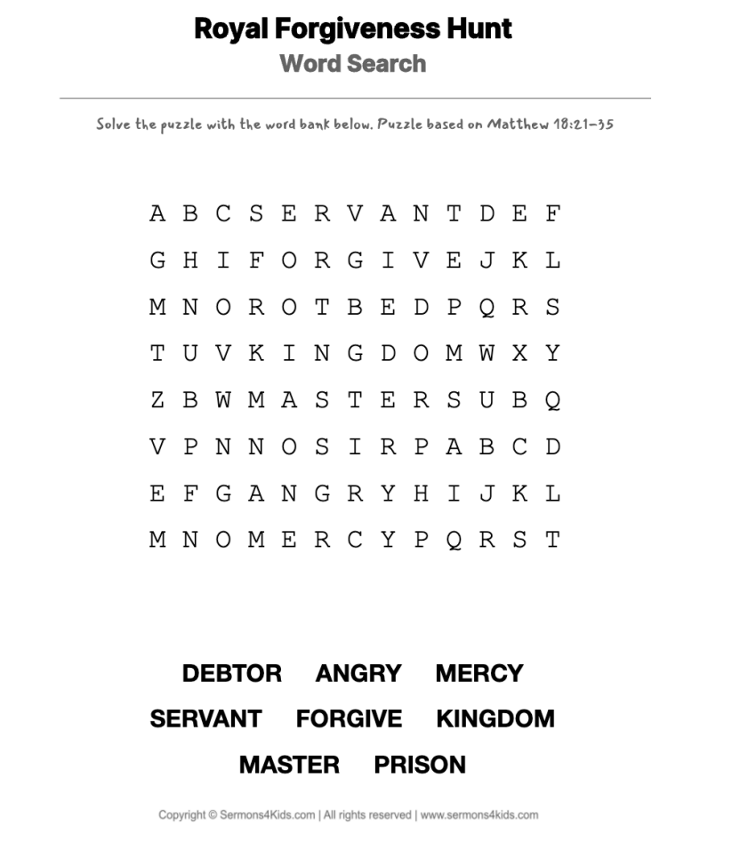 Bob The Unmerciful Word search Children s Sermons From Sermons4Kids