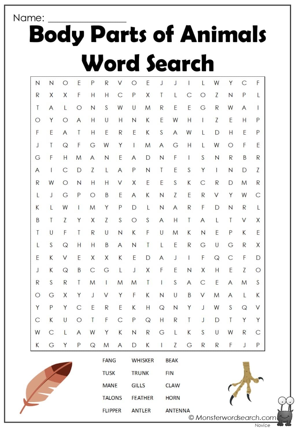 Body Parts Of Animals Word Search Monster Word Search