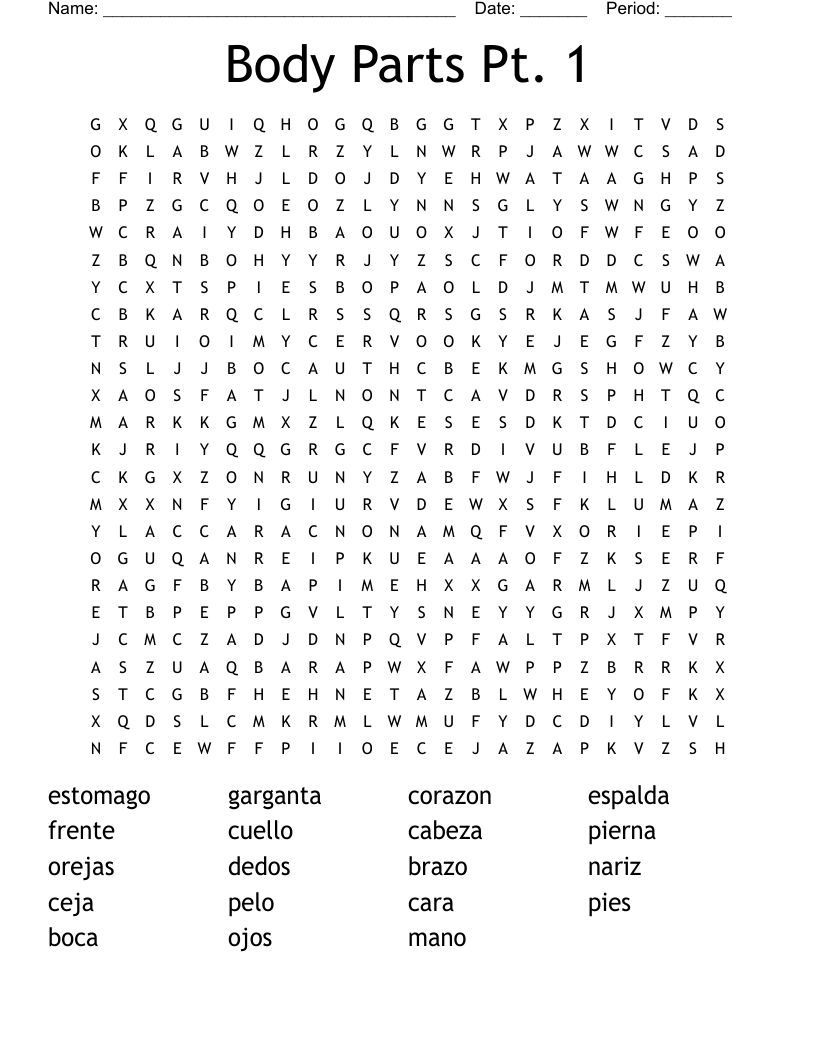 Body Parts Pt 1 Word Search WordMint