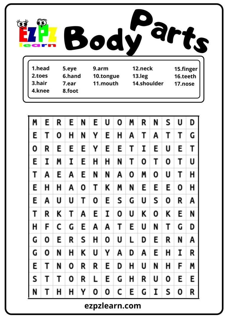 Body Parts Word Search Ezpzlearn