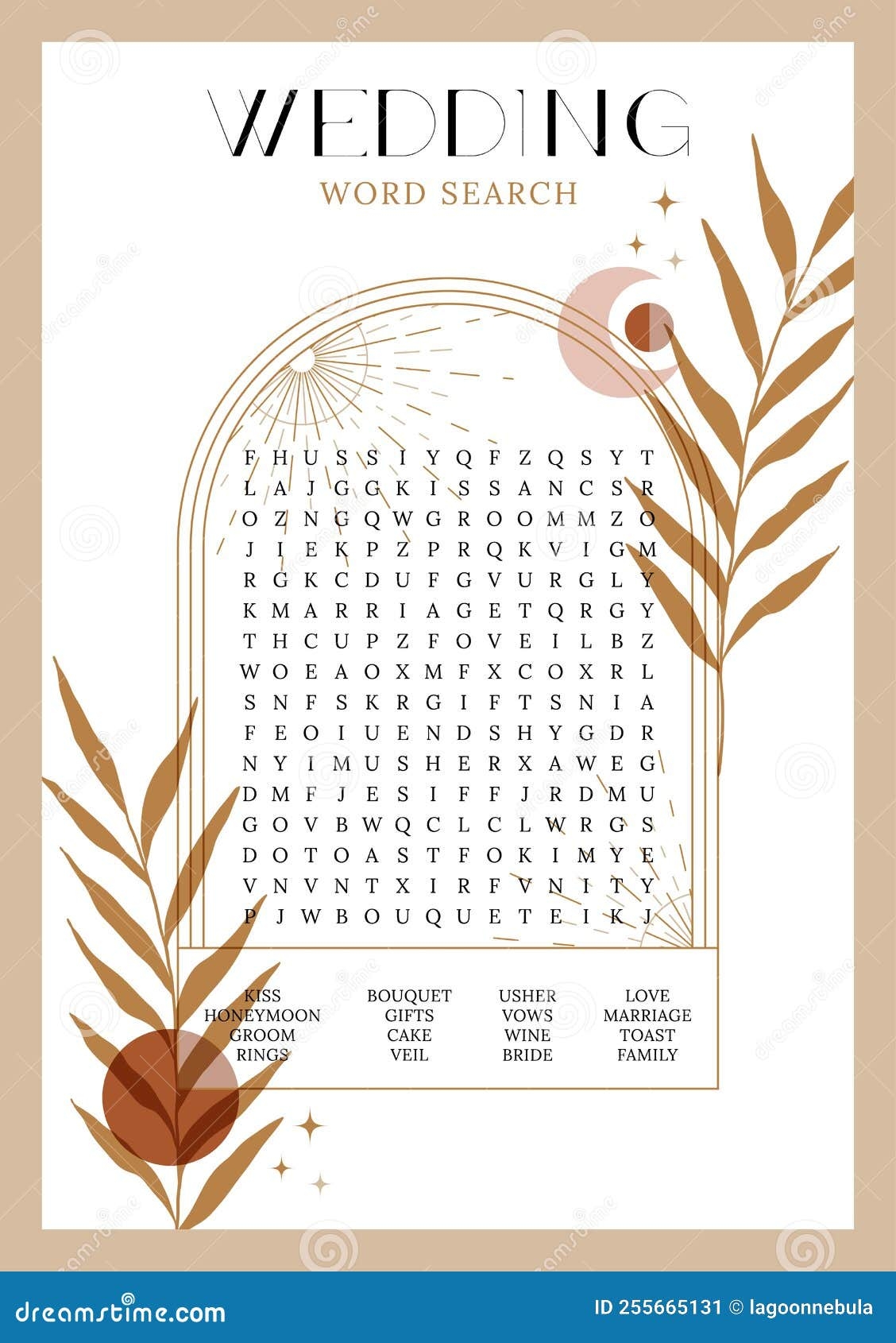 Boho bohemian Style Wedding Word Search Puzzle Bridal Shower Crossword Trivia Activity Card Stock Vector Illustration Of Wedding Boho 255665131