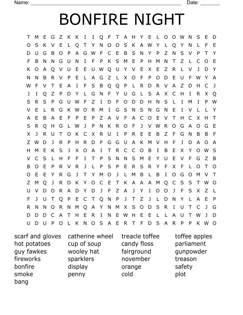 BONFIRE NIGHT Word Search WordMint