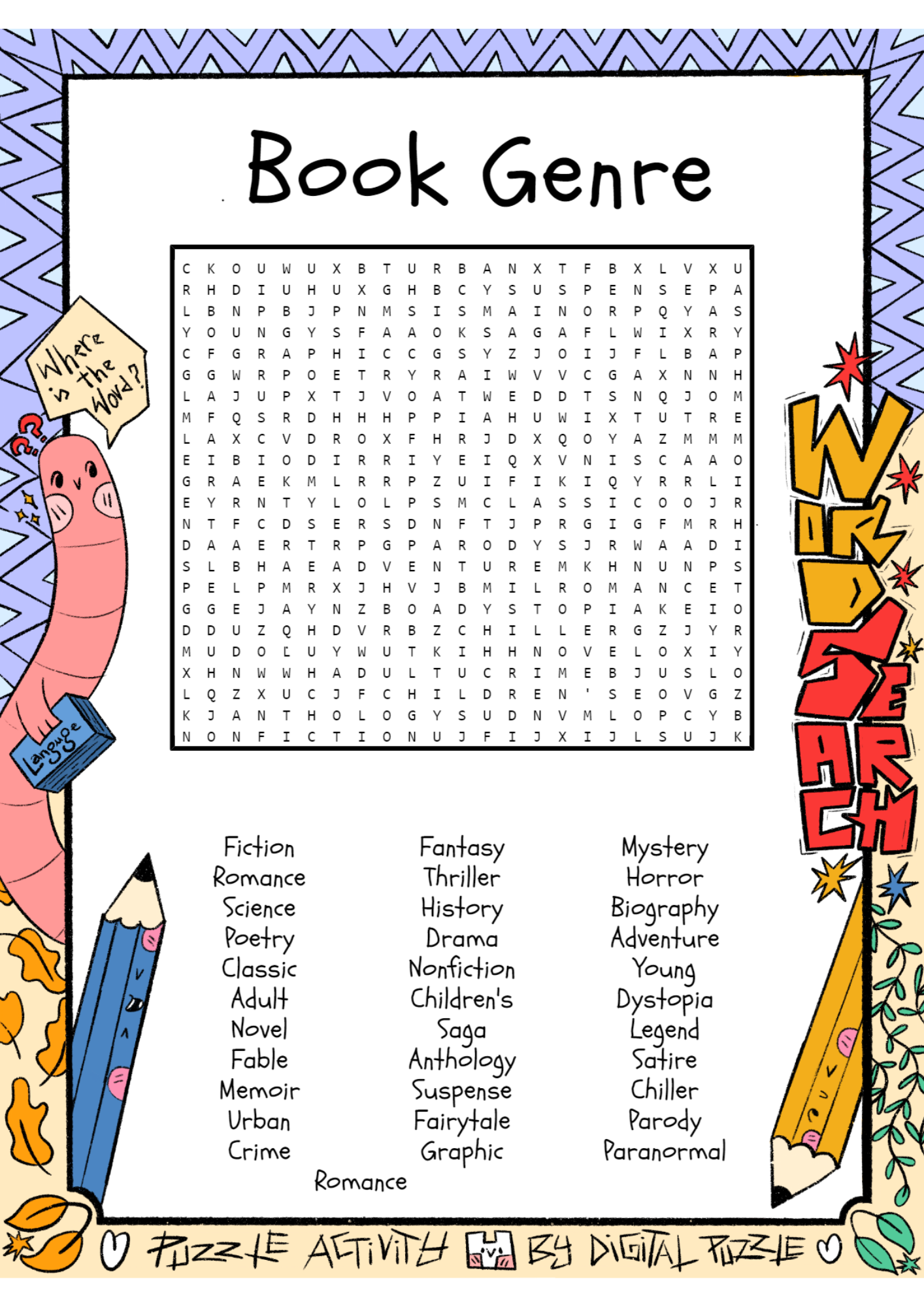Book Genre Word Search Puzzle Worksheet Activity Made By Teachers