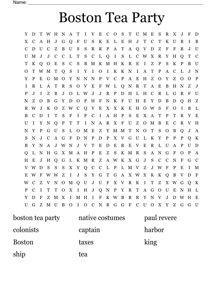 Boston Tea Party Word Search WordMint