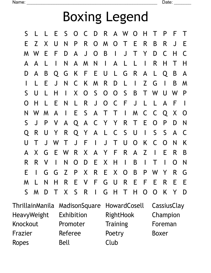 Boxing Legend Word Search WordMint