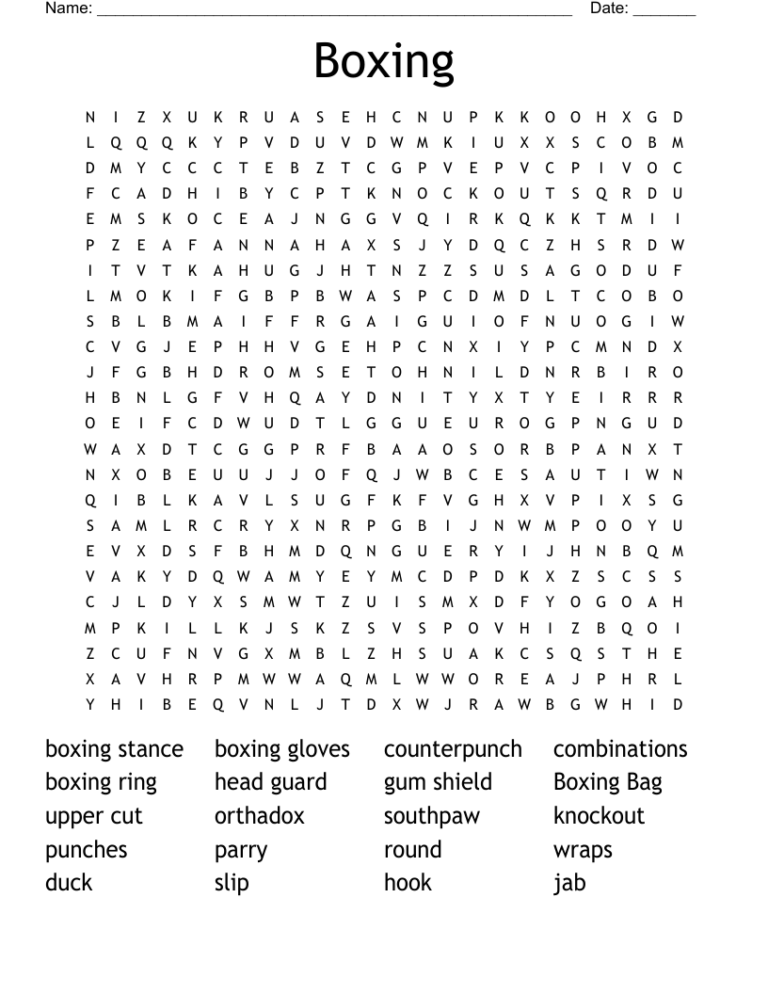 Boxing Word Search WordMint