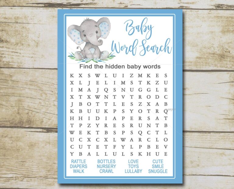 Boy Elephant Baby Shower Game Word Search Game Blue Elephant Boy Baby Shower Safari Baby Shower Printable Instant Download P19