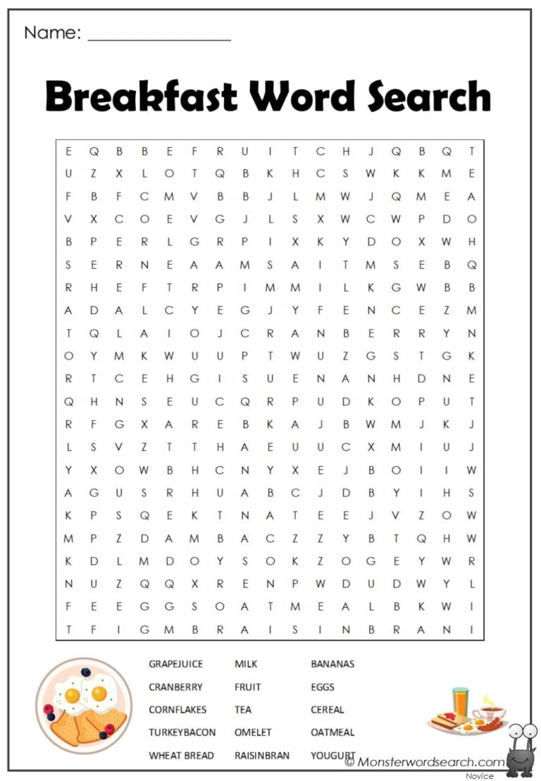 Breakfast Word Search Monster Word Search