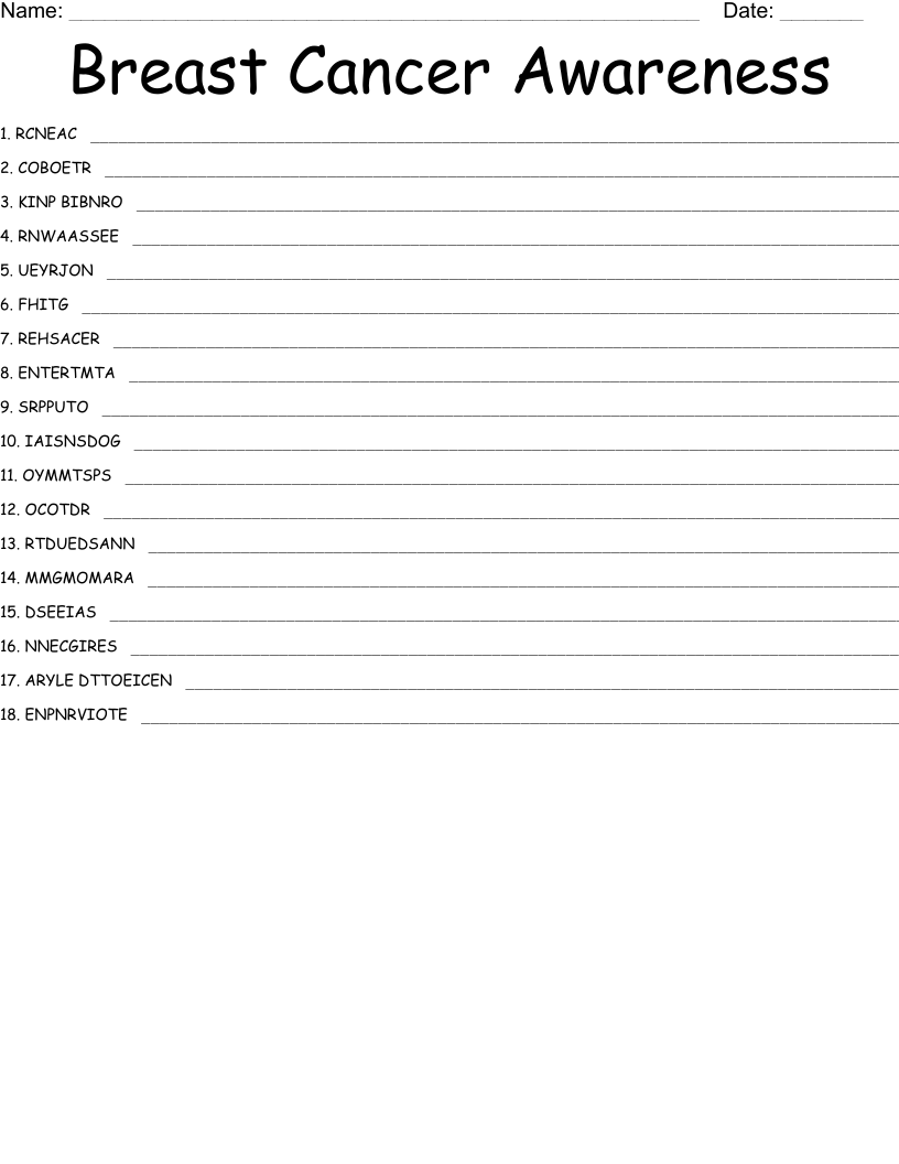 Breast Cancer Awareness Word Scramble WordMint