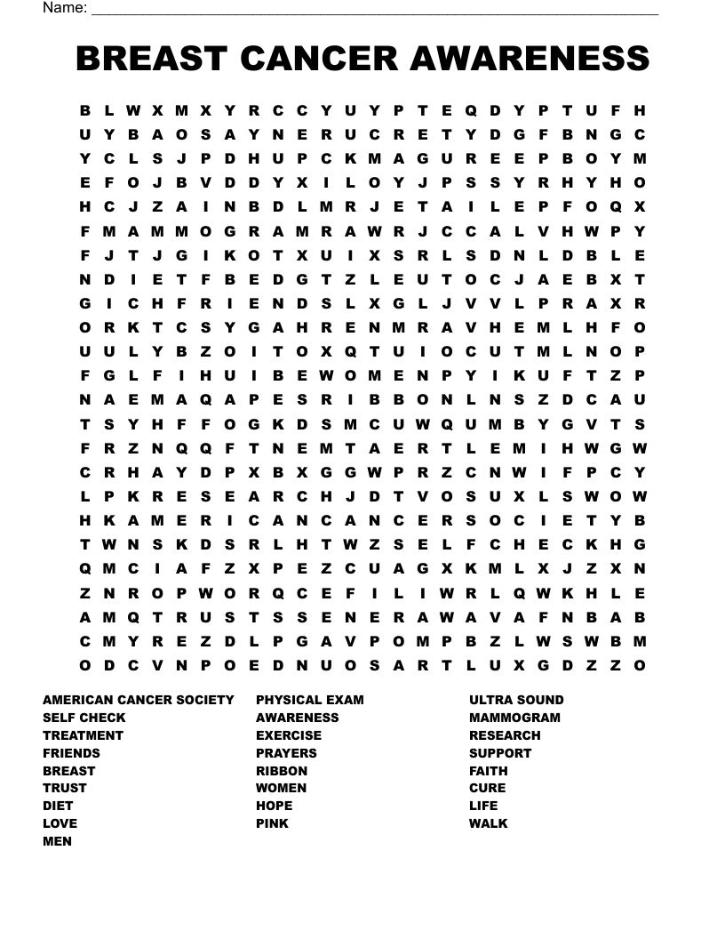 Free Printable Breast Cancer Word Search