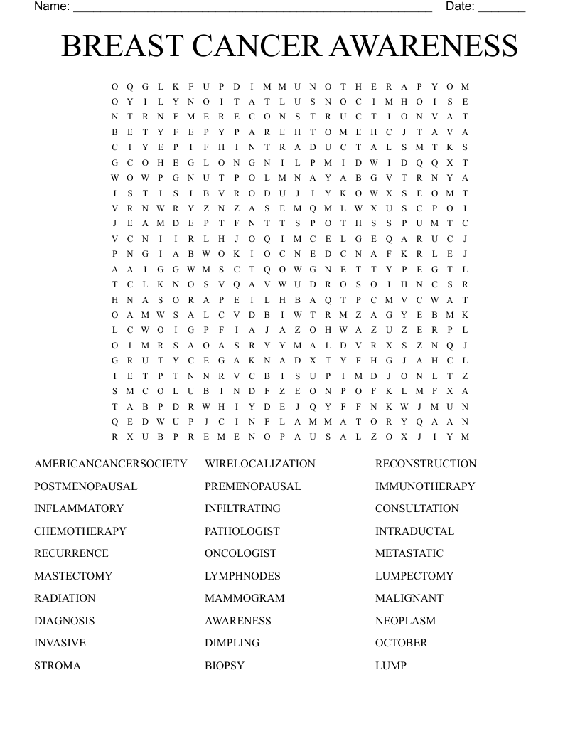 Breast Cancer Word Search WordMint Breast Cancer Word Search WordMint