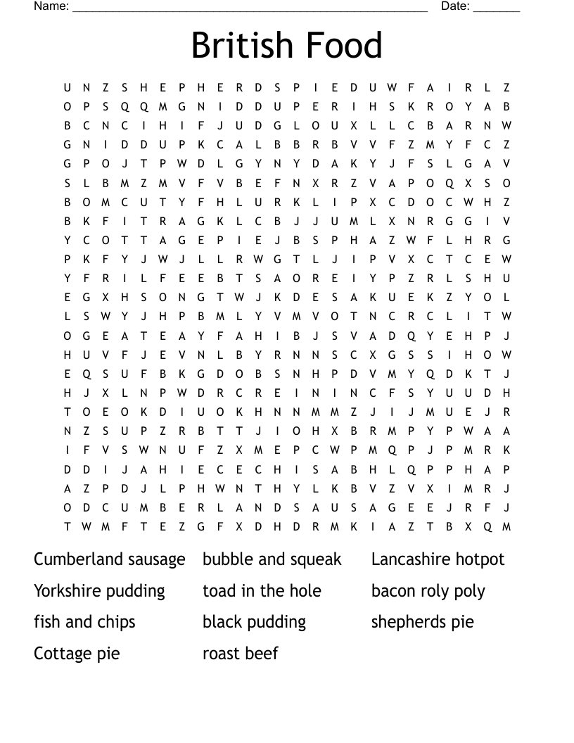 British Food Word Search WordMint