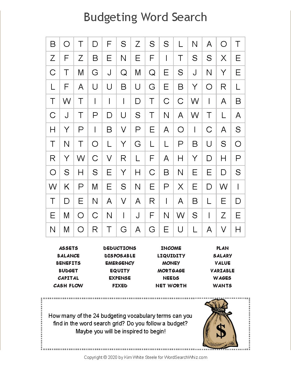 Budgeting Word Search Printable