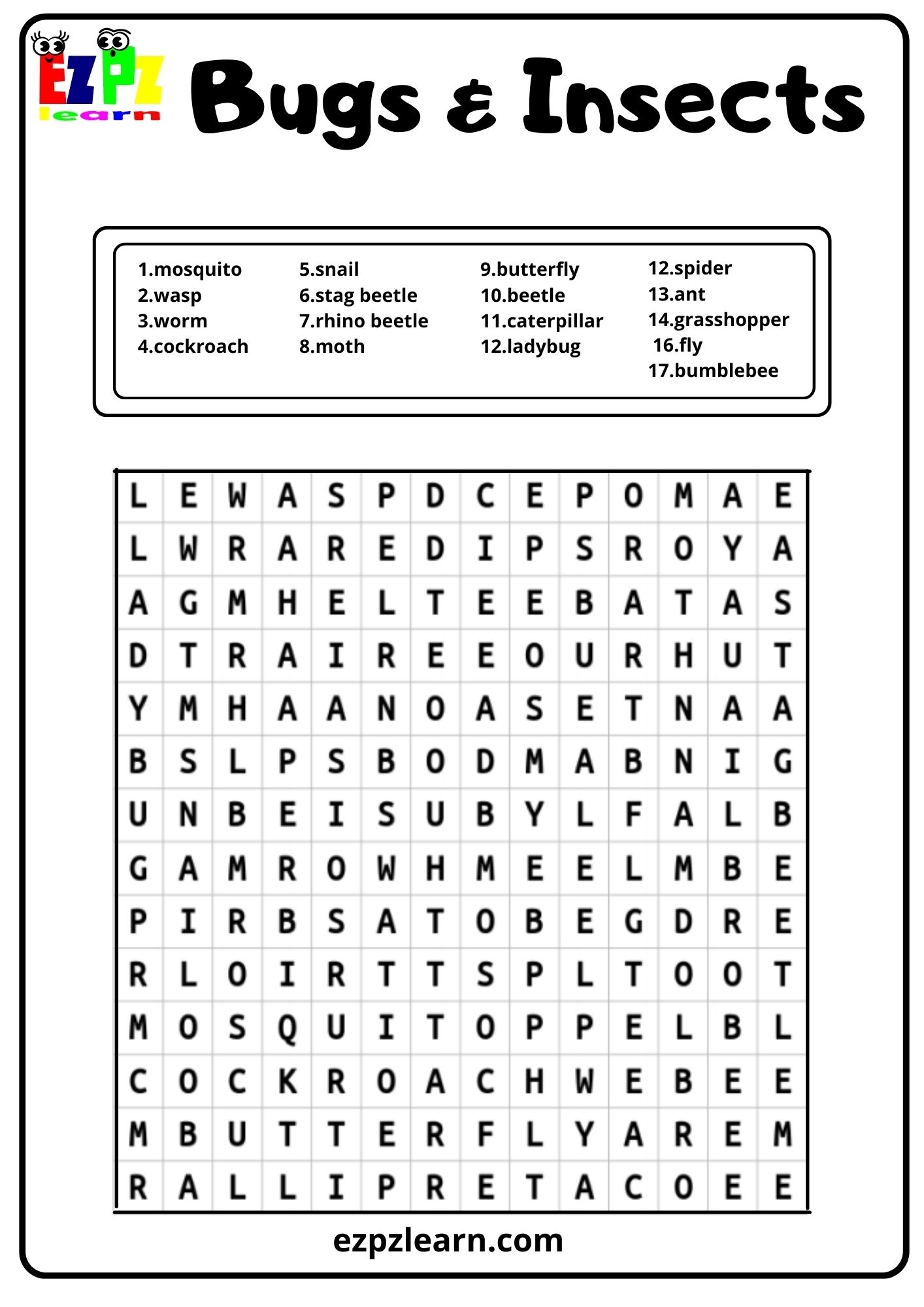 Bugs And Insects Word Search Ezpzlearn