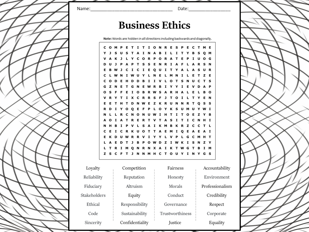 Business Ethics Word Search Puzzle Worksheet Activity Teaching 