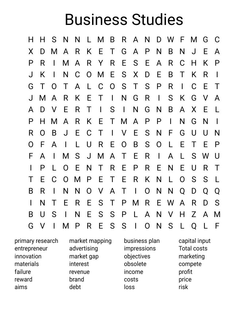 Business Studies Word Search WordMint