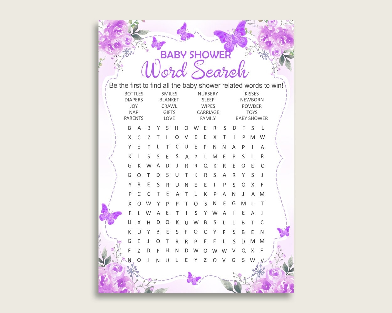 Butterfly Word Search Game Purple White Baby Shower Word Search Cards Printable Girl Baby Shower Activities Hidden Words Instant 7AANK Etsy