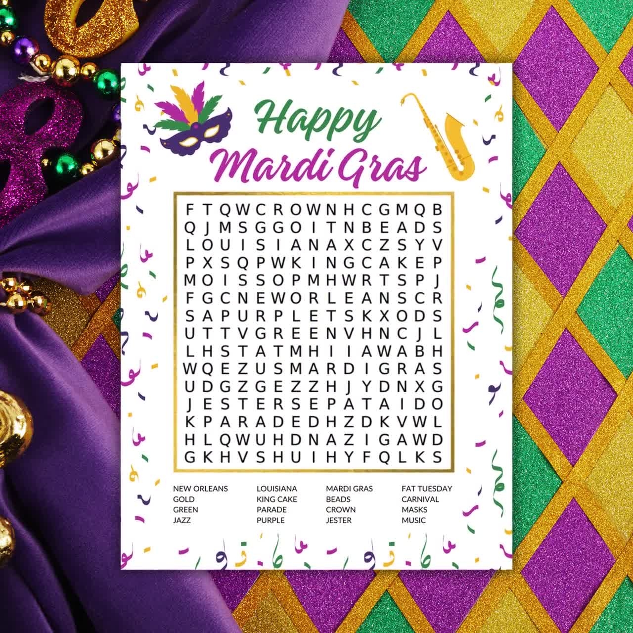 Buy Mardi Gras Word Search Fat Tuesday Party Game New Orleans Buy Mardi Gras Word Search Fat Tuesday Party Game New Orleans