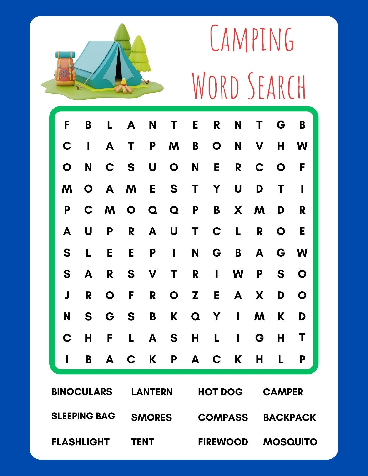 Camping Word Search Printable Instant Download PDF Etsy