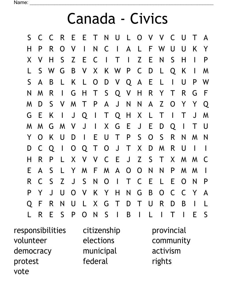Canada Civics Word Search WordMint