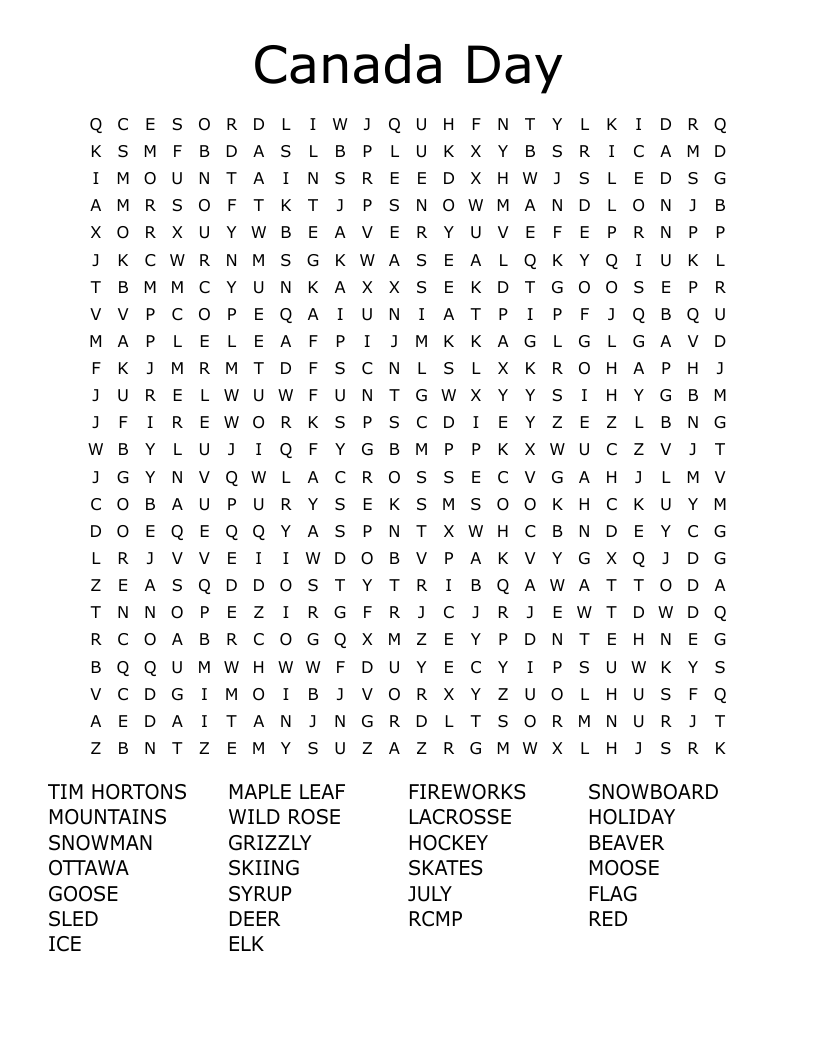Canada Day Word Search WordMint