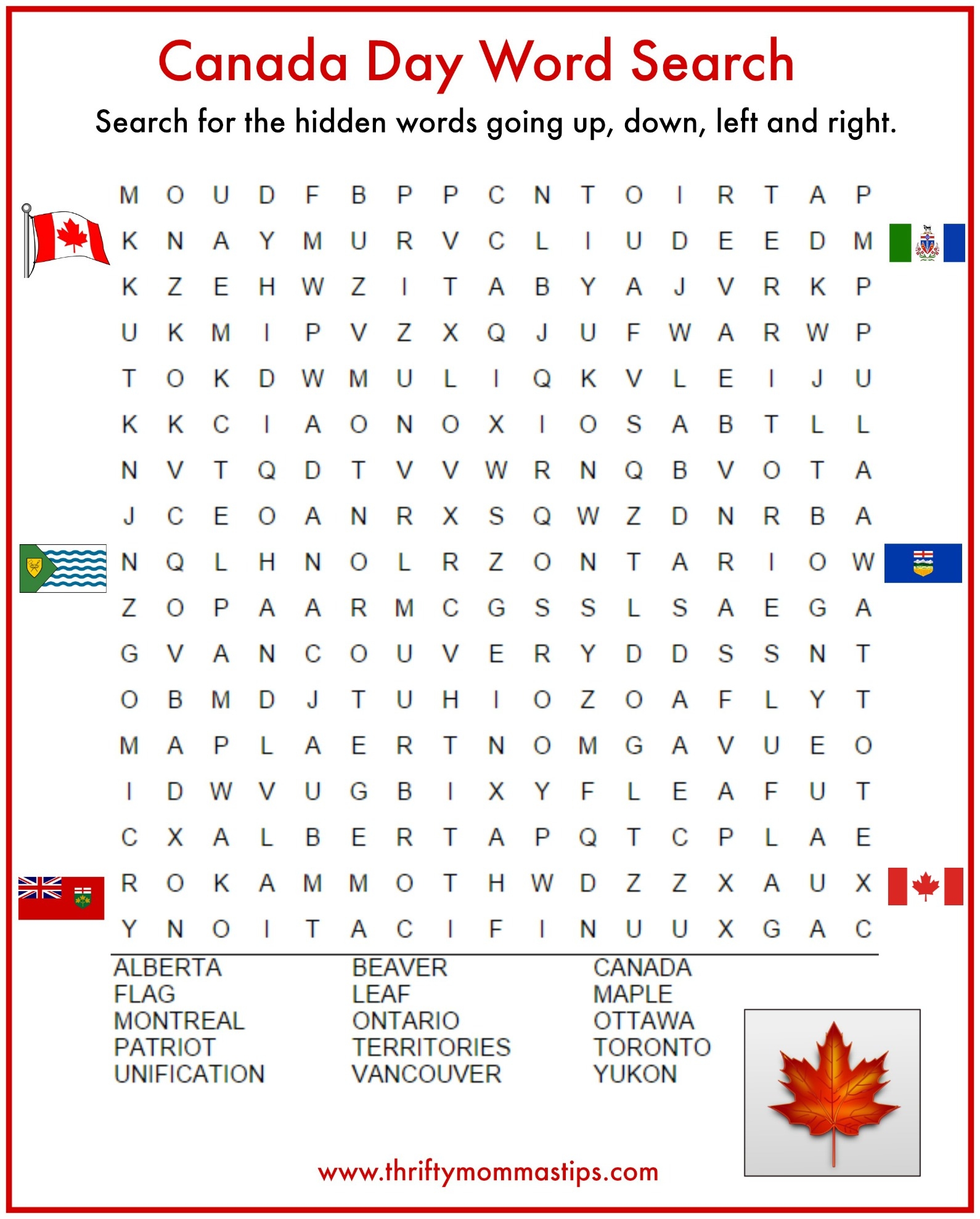 Canada Day Word Search