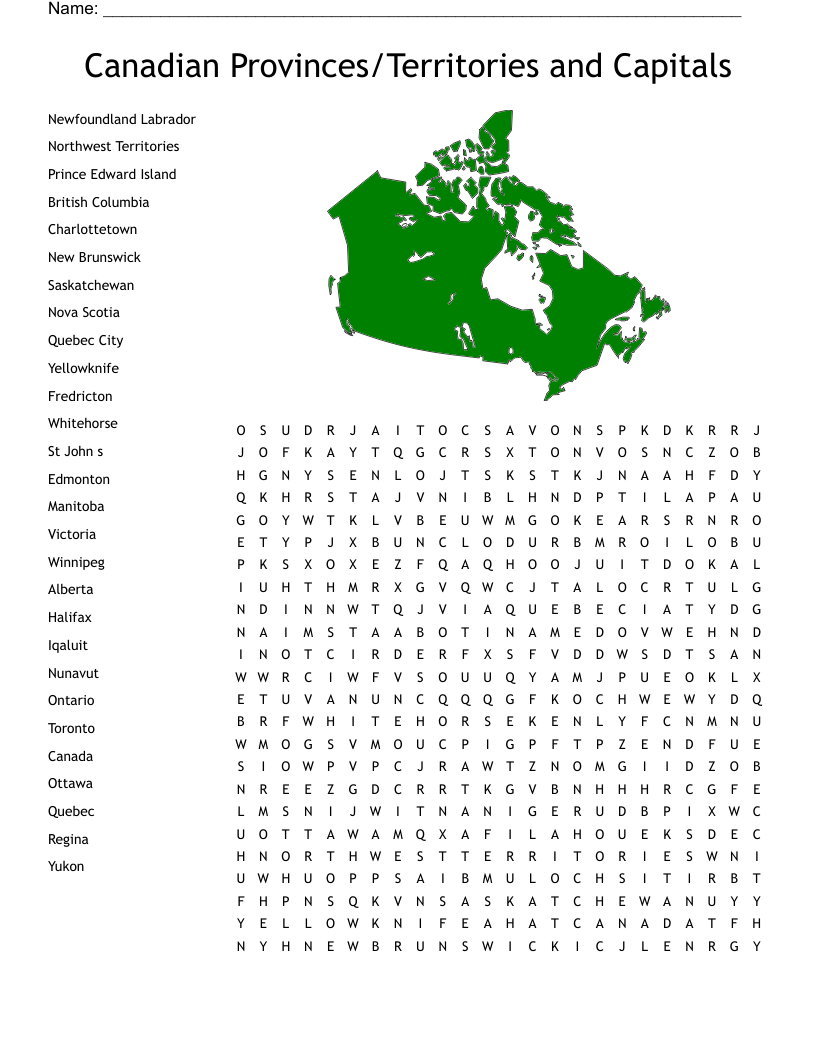 Canadian Provinces Territories And Capitals Word Search WordMint